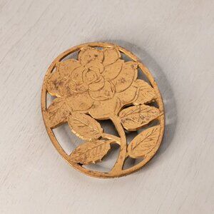 Vintage Gold Tone Floral Rose Trivet